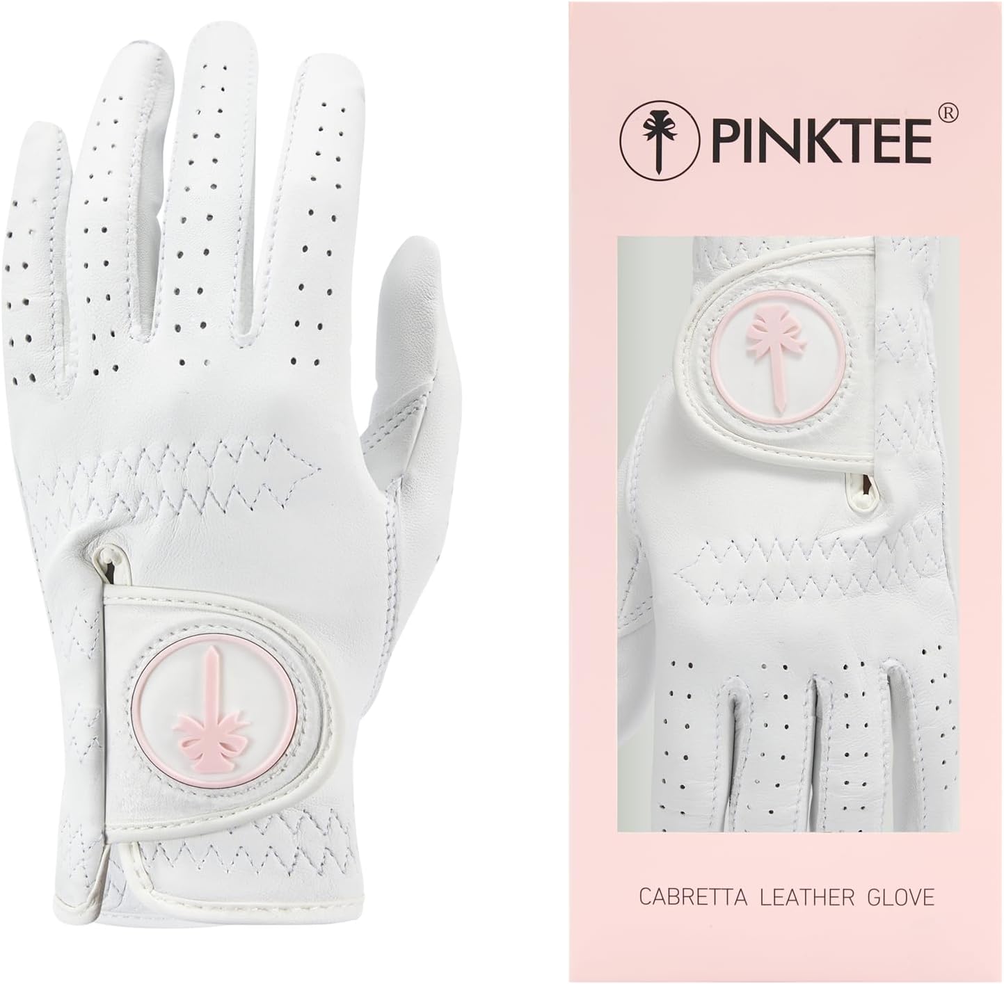 Women's cabretta leather golf glove with pink custom logo ball marker and retail box