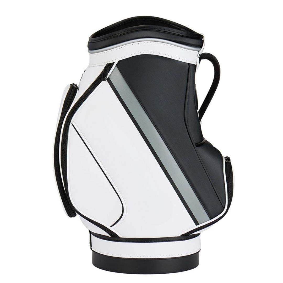 Black White Den Caddy Golf Bag - Side View Diagonal Stripe
