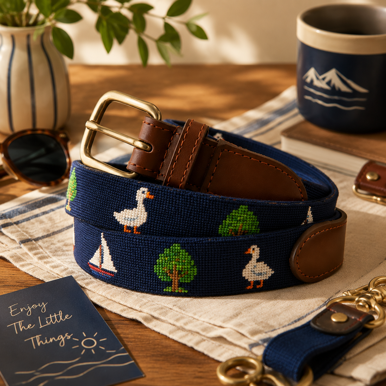 Navy blue goose sailboat and tree needlepoint belt lifestyle shot with brass buckle