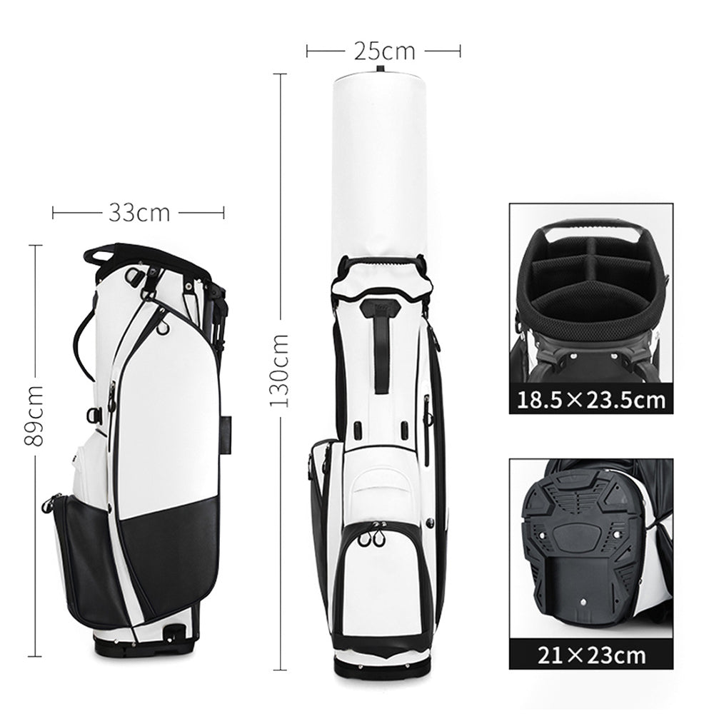 White navy golf stand bag side view with dual shoulder harness and multiple pockets