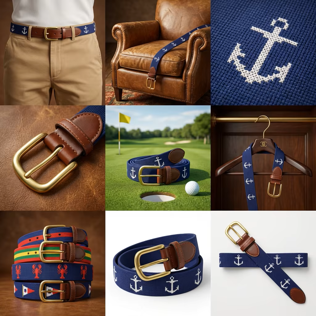 Needlepoint golf belt lifestyle collage showing anchor pattern in navy blue on course and interior detail