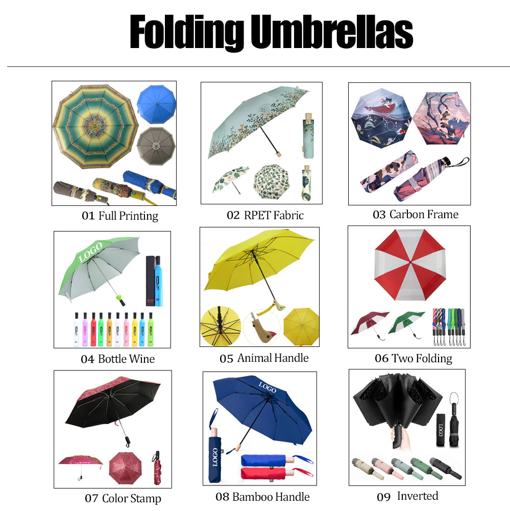 Folding umbrella catalog showing 9 styles full printing RPET carbon frame bottle wine animal handle two folding color stamp bamboo inverted