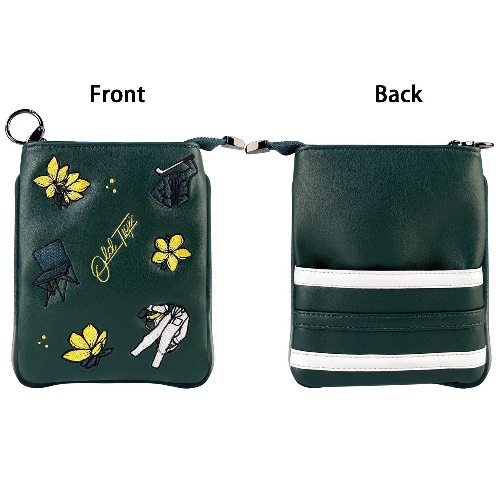 Front and back view of embroidered golf pouch with ring clip