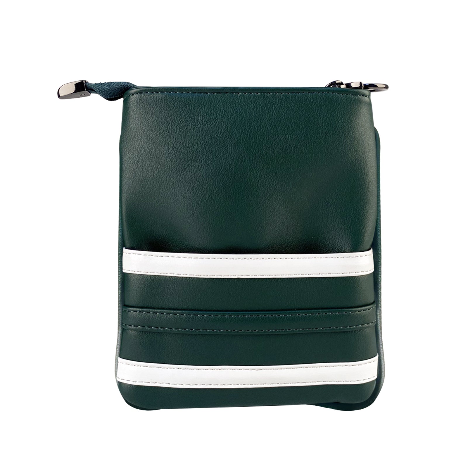 Dark green embroidered PU leather golf pouch back view with white stripe