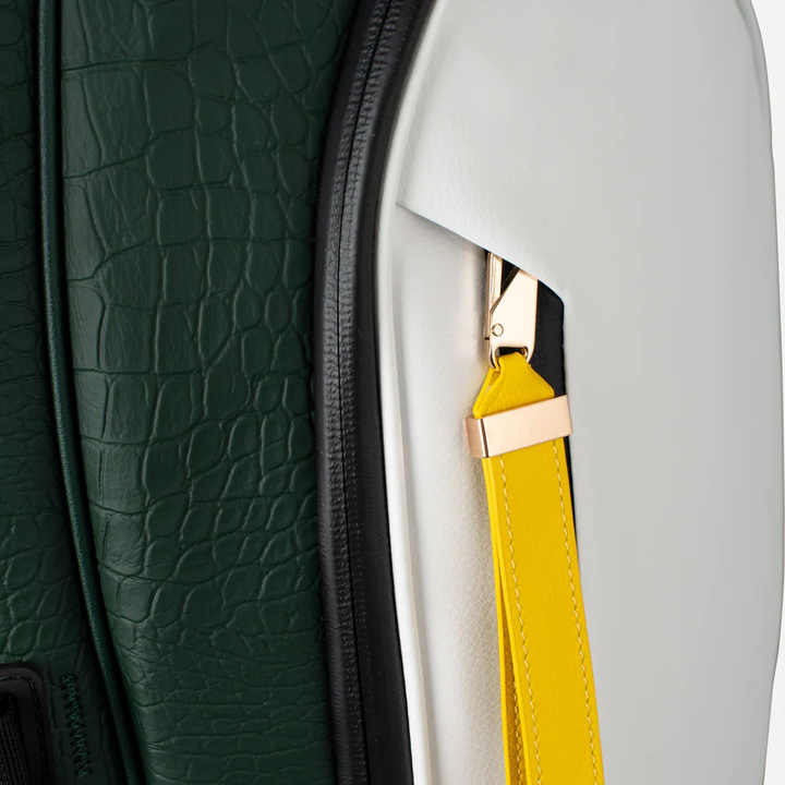 Croc-embossed leather golf stand bag detail gold hardware yellow zipper pull