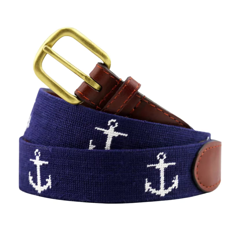Navy blue anchor needlepoint golf belt with antique brass buckle and brown leather tab