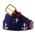 Navy blue anchor needlepoint golf belt with antique brass buckle and brown leather tab