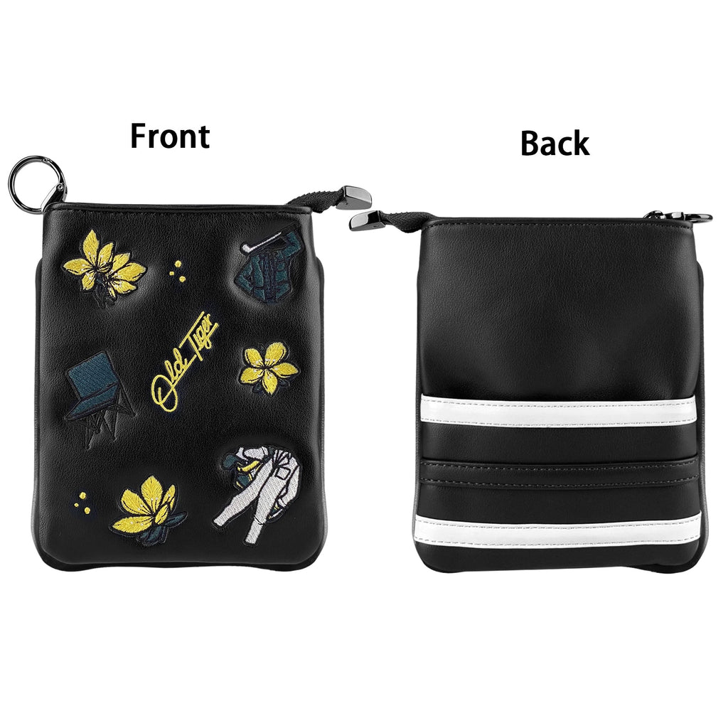 Black golf pouch front view yellow floral embroidery Old Tiger script