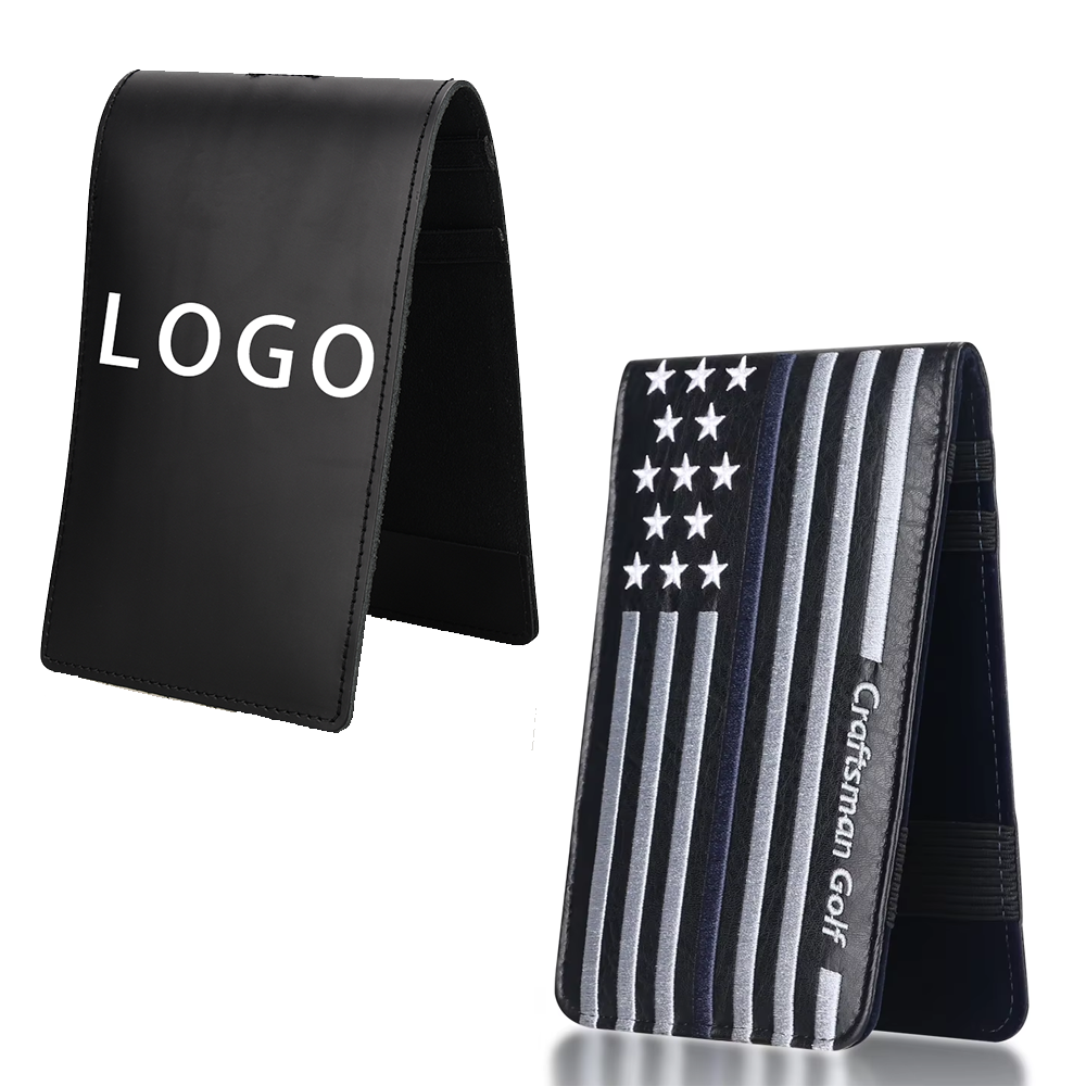 Golf scorecard holder comparison — custom logo black PU and USA monochrome flag print with brand name