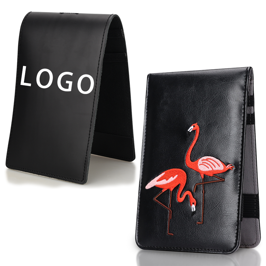 Golf scorecard holder comparison — custom logo black PU and flamingo embroidery glossy black