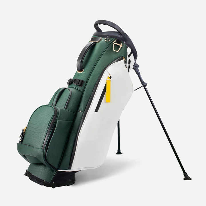 Croc-embossed leather golf stand bag forest green white colorblock front view