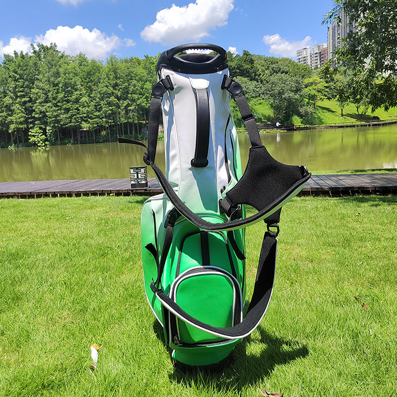 Gradient white green golf stand bag back view showing dual shoulder harness