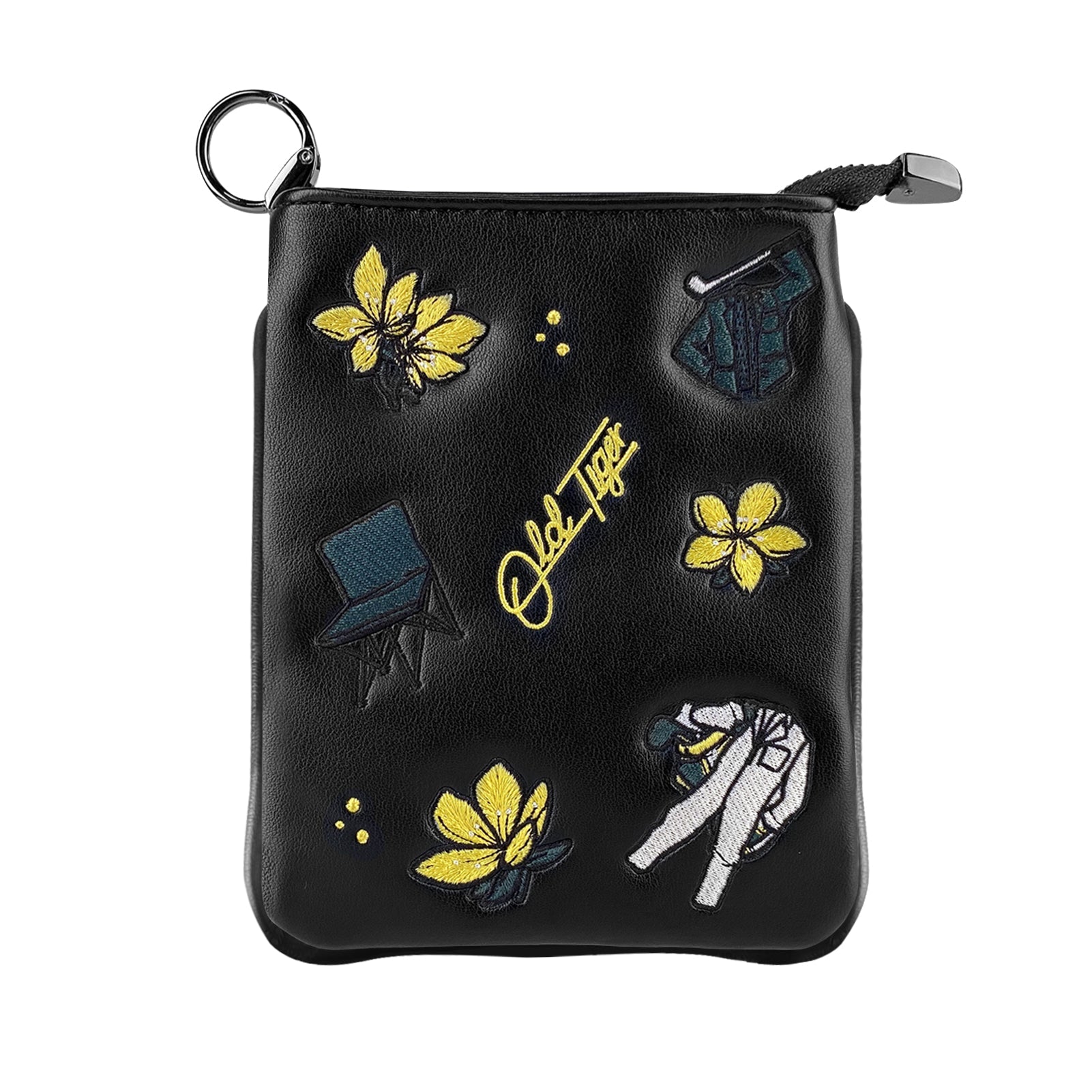 Golfer using black embroidered pouch on course removing phone