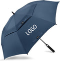 Navy blue double canopy golf umbrella with custom logo print open view white background