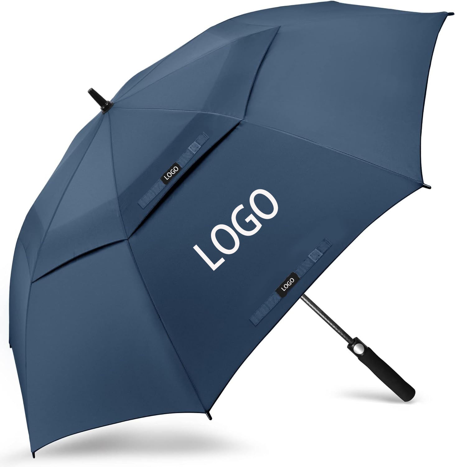 Navy blue double canopy golf umbrella with custom logo print open view white background