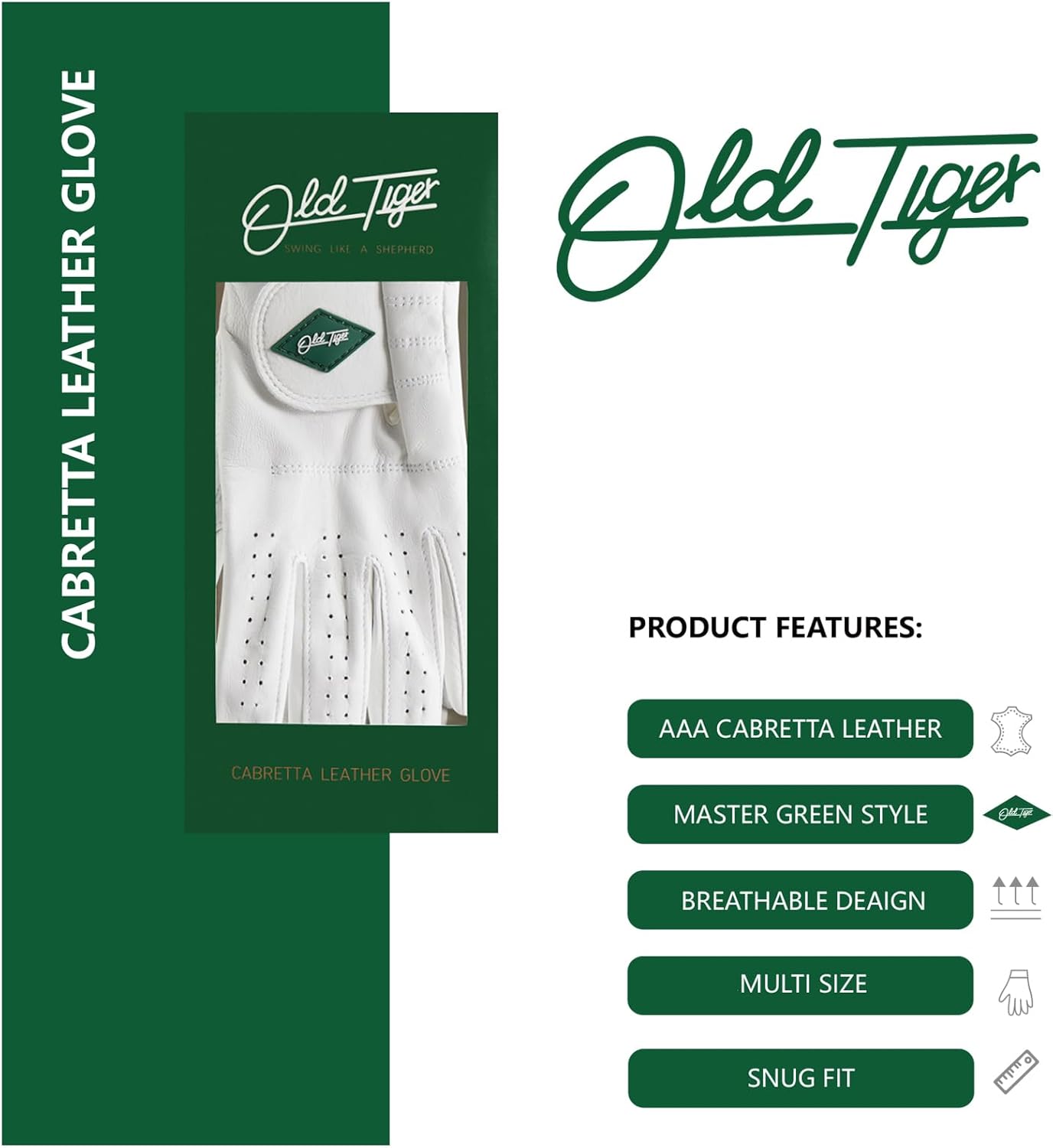 AAA Cabretta Leather Golf Glove with Green Stripe Wrist Band and Woven Logo Patch