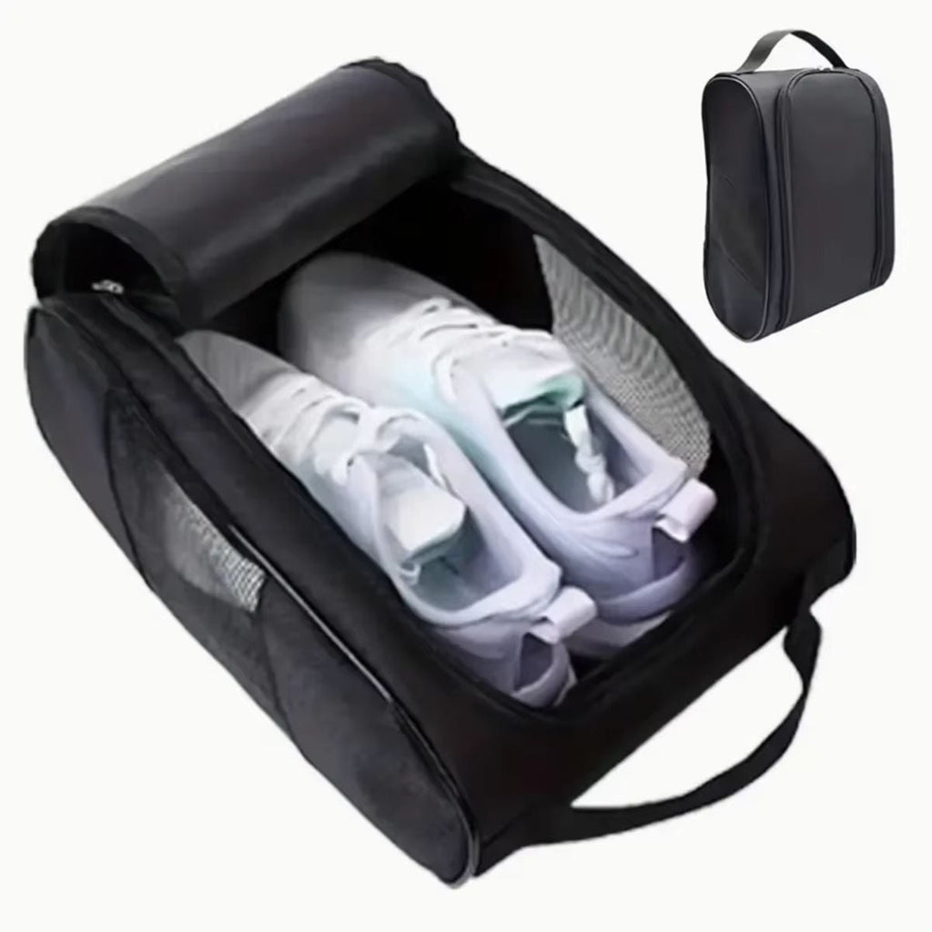 Breathable mesh golf shoe bag open view with white golf shoes inside