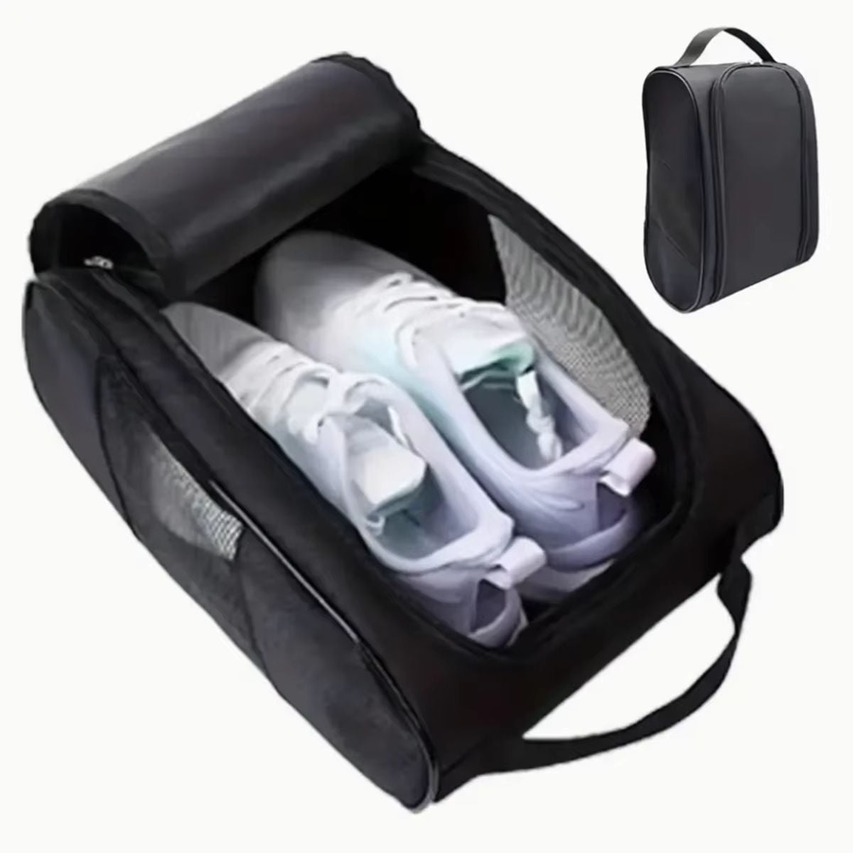 Breathable mesh golf shoe bag open view with white golf shoes inside