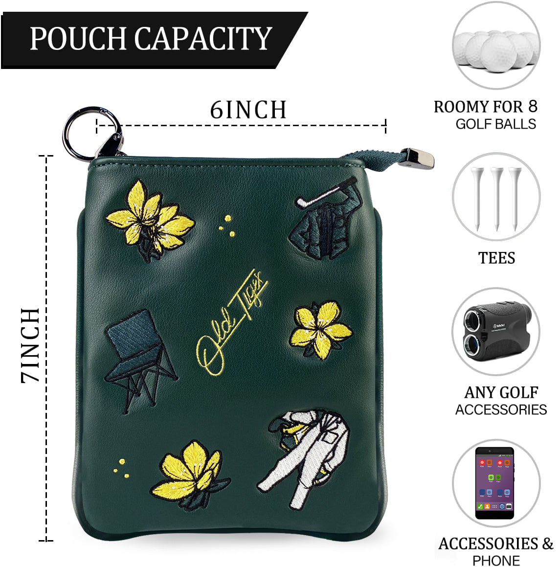 Golf pouch capacity infographic 6x7 inch holds 8 balls tees phone accessories