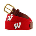 Red needlepoint belt with white W university letter and antique brass buckle coiled view