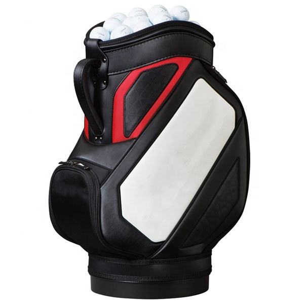 Den Caddy Golf Bag Black Red White - Large Logo Panel Front View with Golf Balls