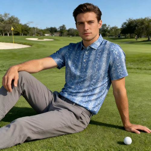 Men's golf polo ice blue water texture print