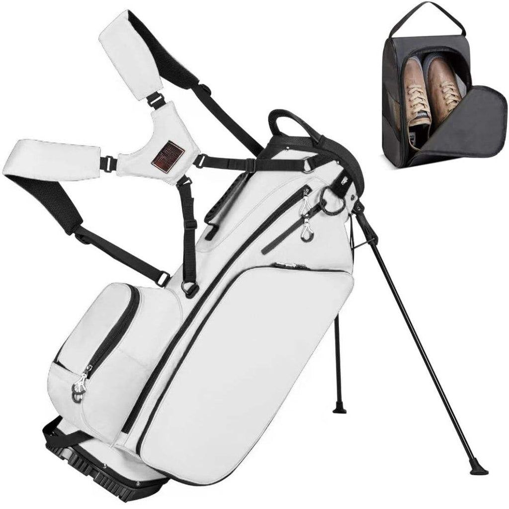PU Leather Golf Stand Bag with 14-Way Divider Dual Shoulder Strap and Shoe Bag in White
