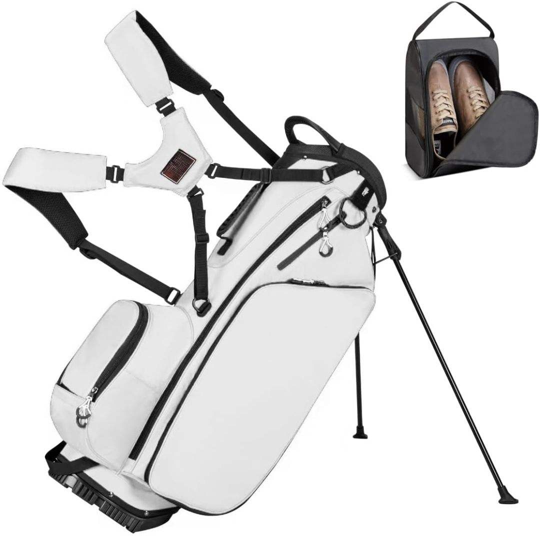 PU Leather Golf Stand Bag with 14-Way Divider Dual Shoulder Strap and Shoe Bag in White