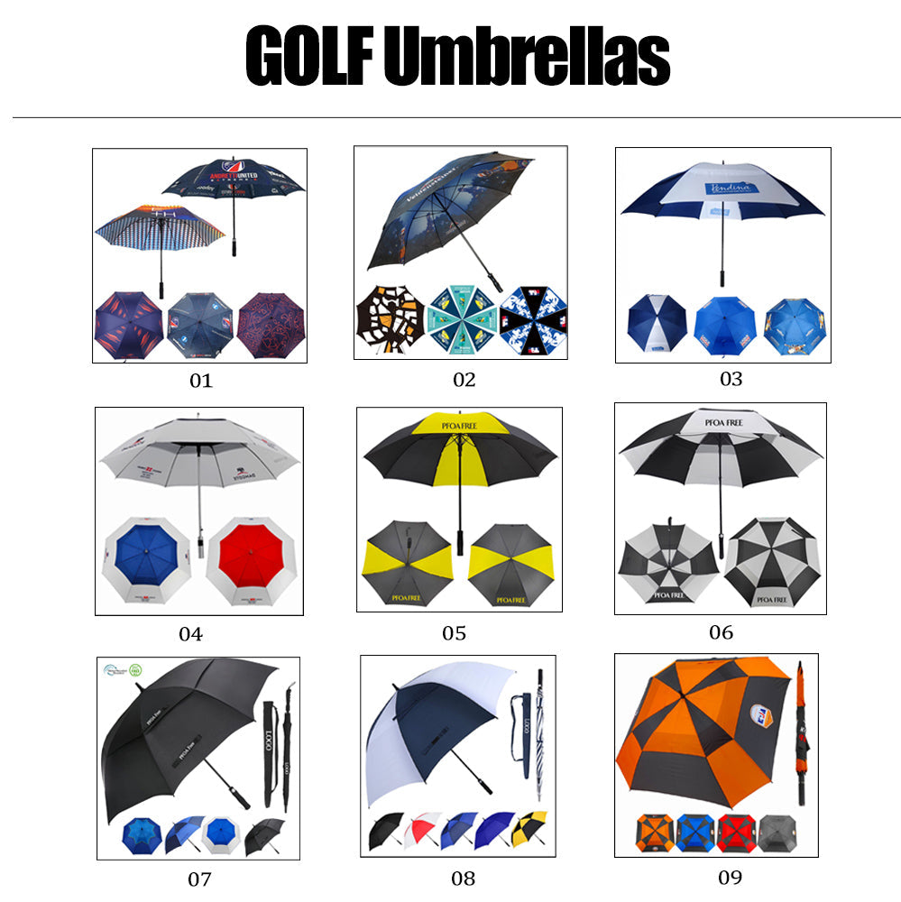 Black 3-fold umbrella open view with star constellation print and 7 full-print canopy design options below