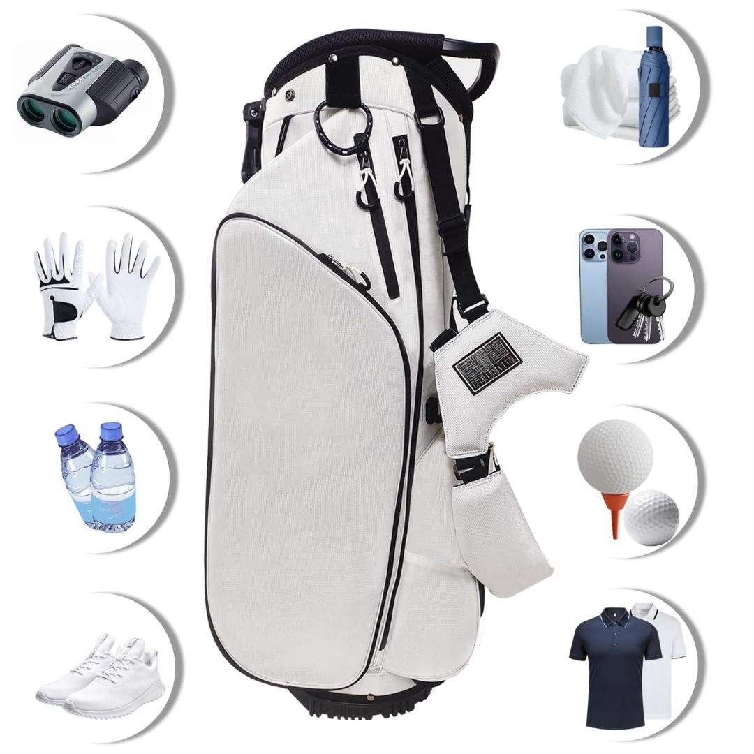 PU Leather Golf Stand Bag with 14-Way Divider Dual Shoulder Strap and Shoe Bag in White
