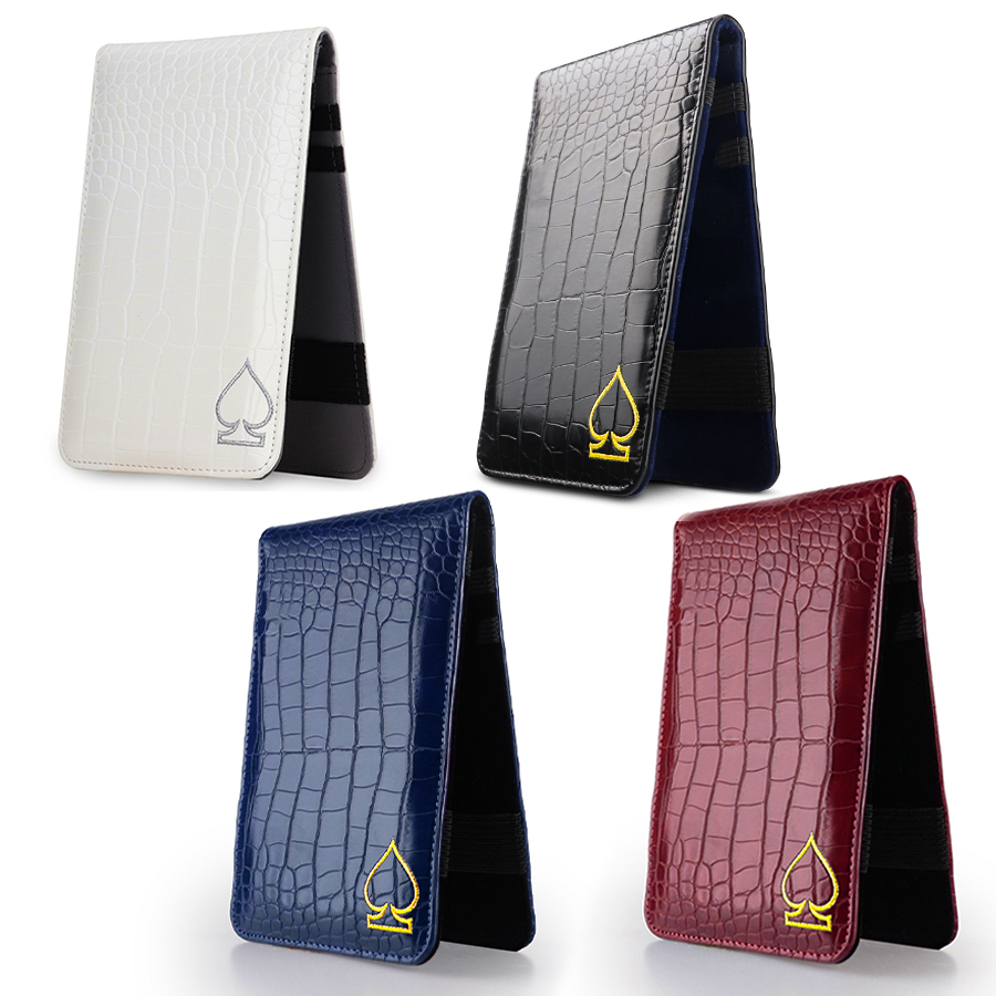 Crocodile texture PU leather golf scorecard holder in white black navy burgundy with gold spade embroidery