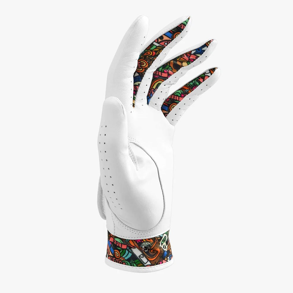 Cabretta leather golf glove graffiti print back view