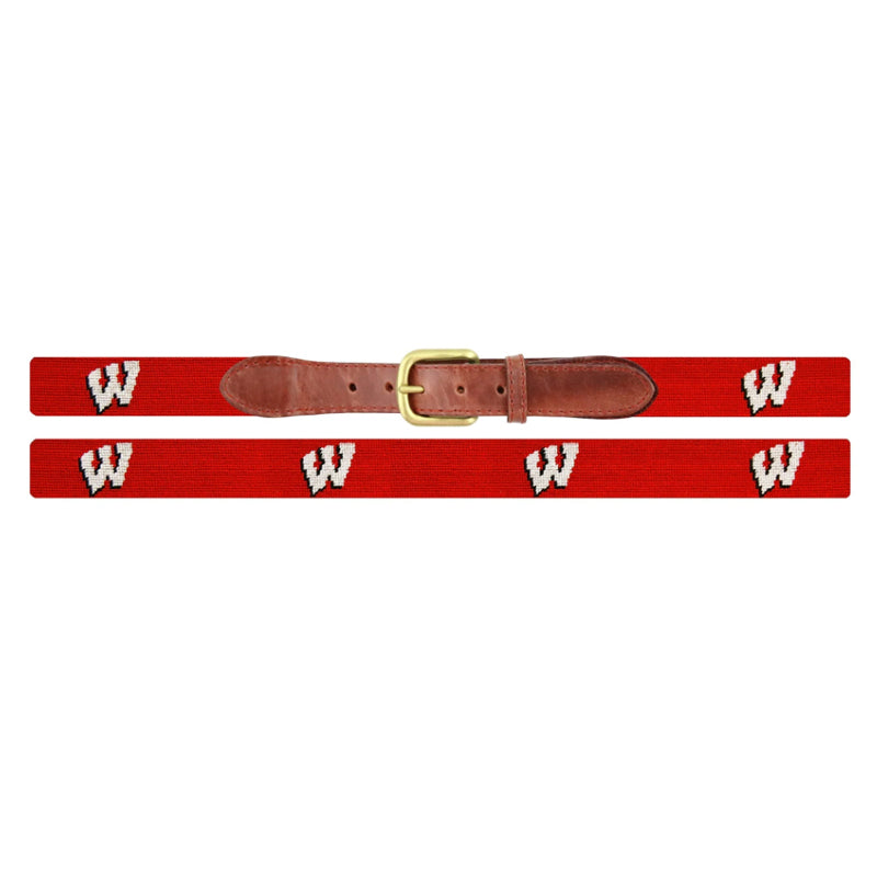 Red needlepoint belt with white W letter flat lay showing full belt length and brass buckle
