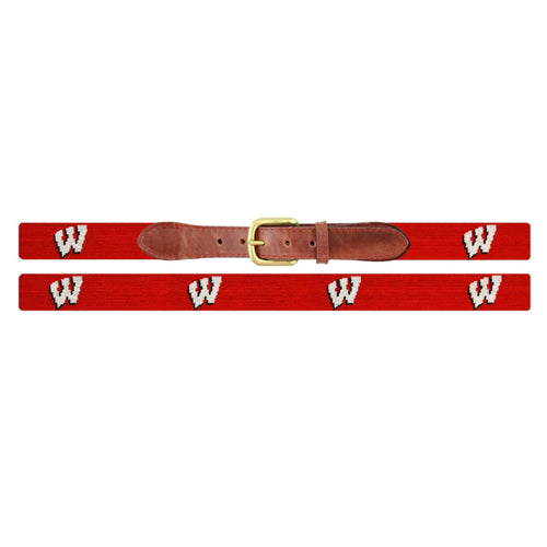 Red needlepoint belt with white W letter flat lay showing full belt length and brass buckle