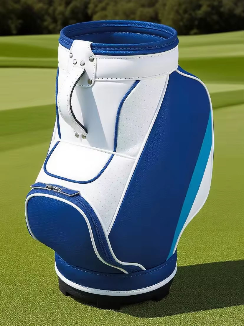Royal Blue White Den Caddy Golf Bag - Front View on Golf Course