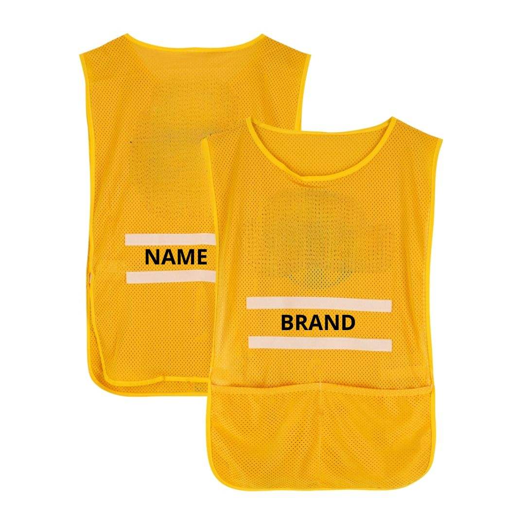 Yellow mesh golf caddie bib name and brand print front and back view