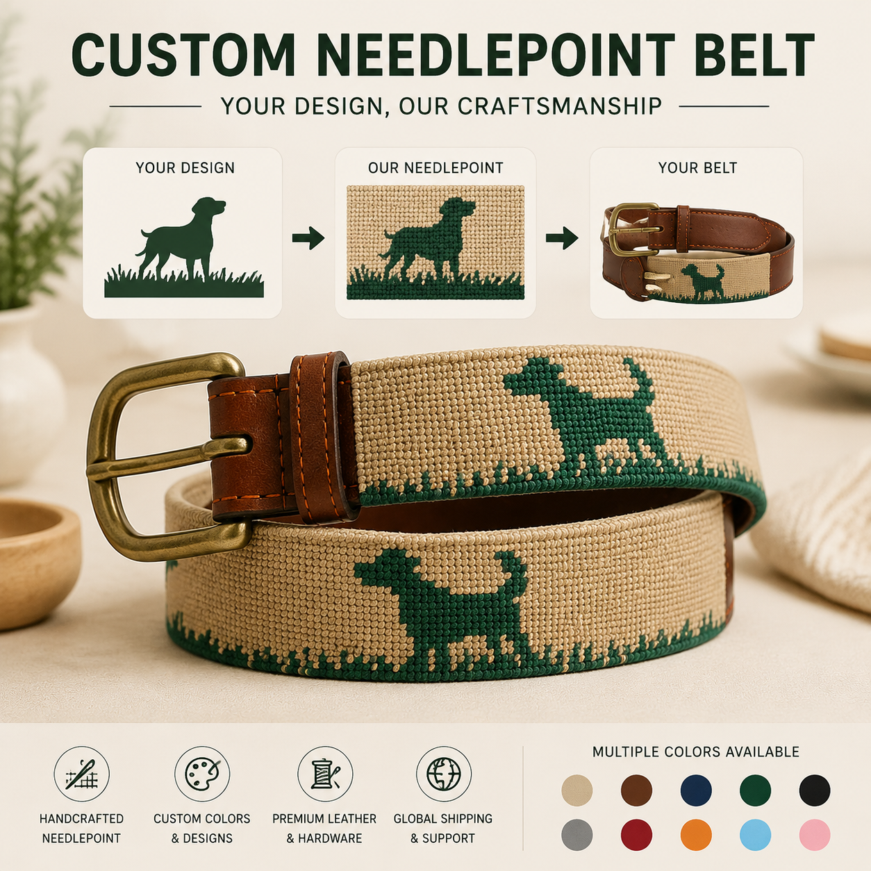 Custom needlepoint belt infographic showing your design to needlepoint to finished belt process with 12 color swatches