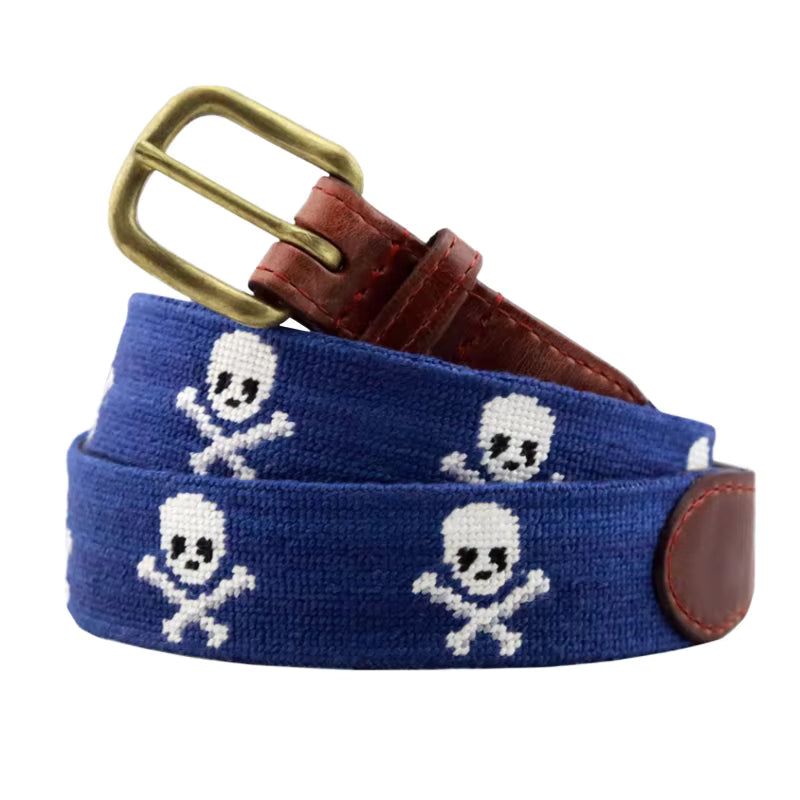 Royal blue skull and crossbones needlepoint golf belt with brass buckle