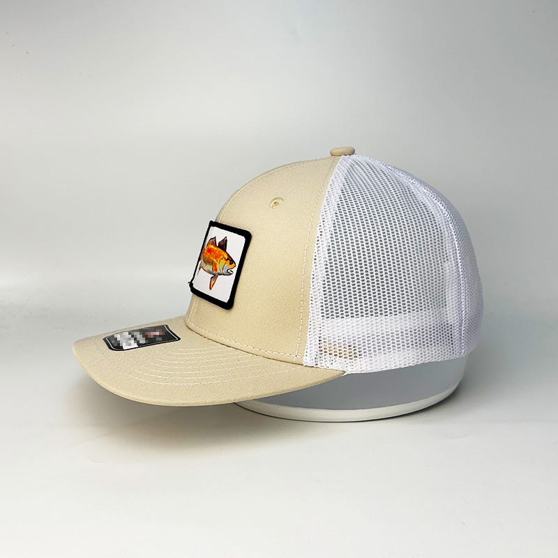 Custom khaki white mesh trucker hat with red fish woven patch side view