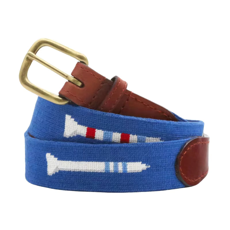 Royal blue golf club needlepoint belt with brass pin buckle and leather tip