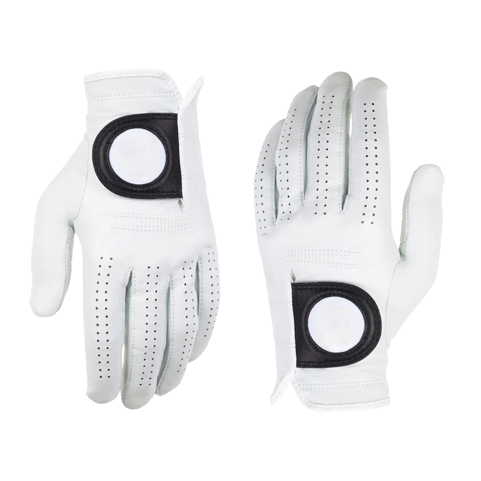 White cabretta leather golf glove left and right hand pair with ball marker tab