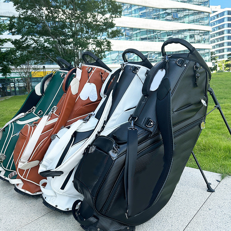 Quilted golf stand bag in 4 colorways forest green cognac brown white black side by side