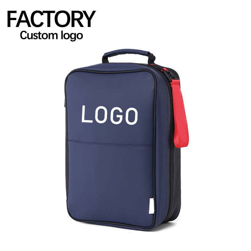 Navy blue structured upright golf shoe bag with custom logo