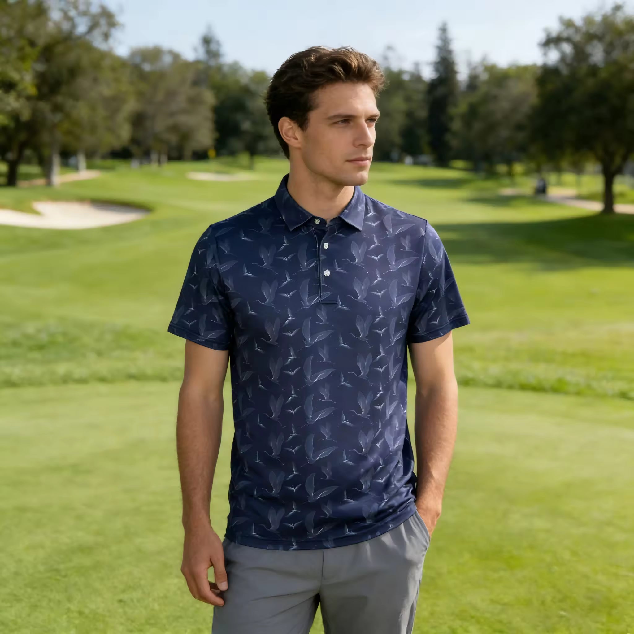 Men's golf polo navy bird print on course