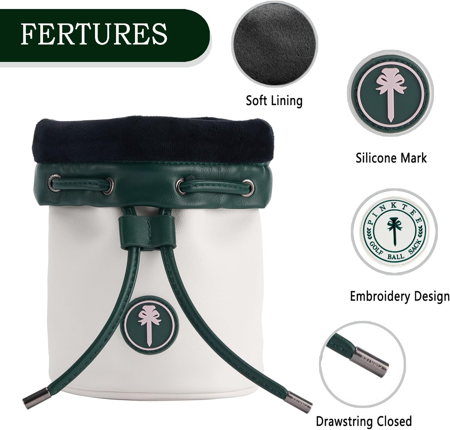 Golf ball pouch features - soft lining drawstring closure silicone mark white green