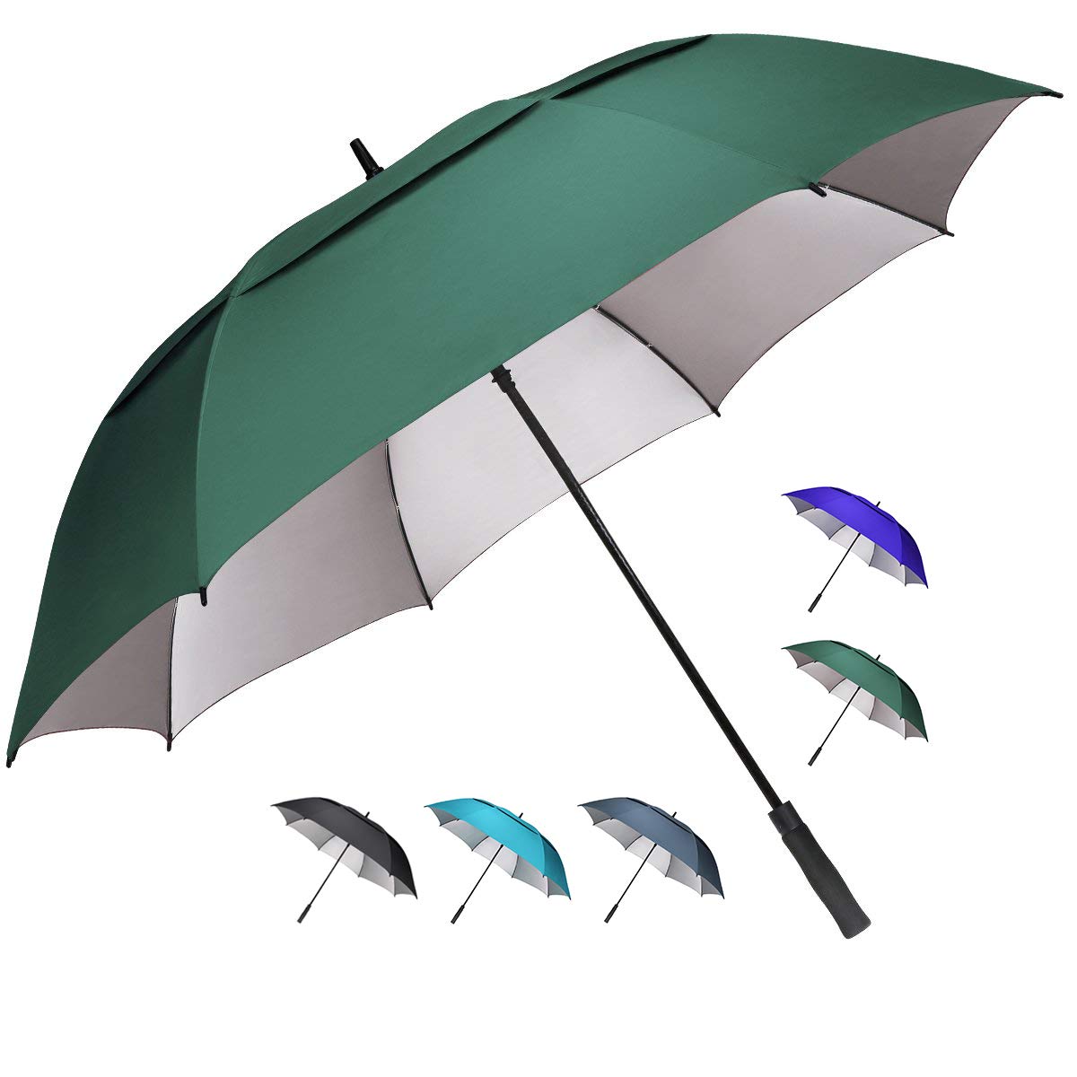 Forest green double canopy golf umbrella with silver inner lining and 6 color options shown