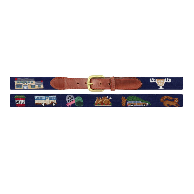Navy blue God Bless Texas needlepoint belt flat lay Alamo state flag longhorn cactus cowboy hat