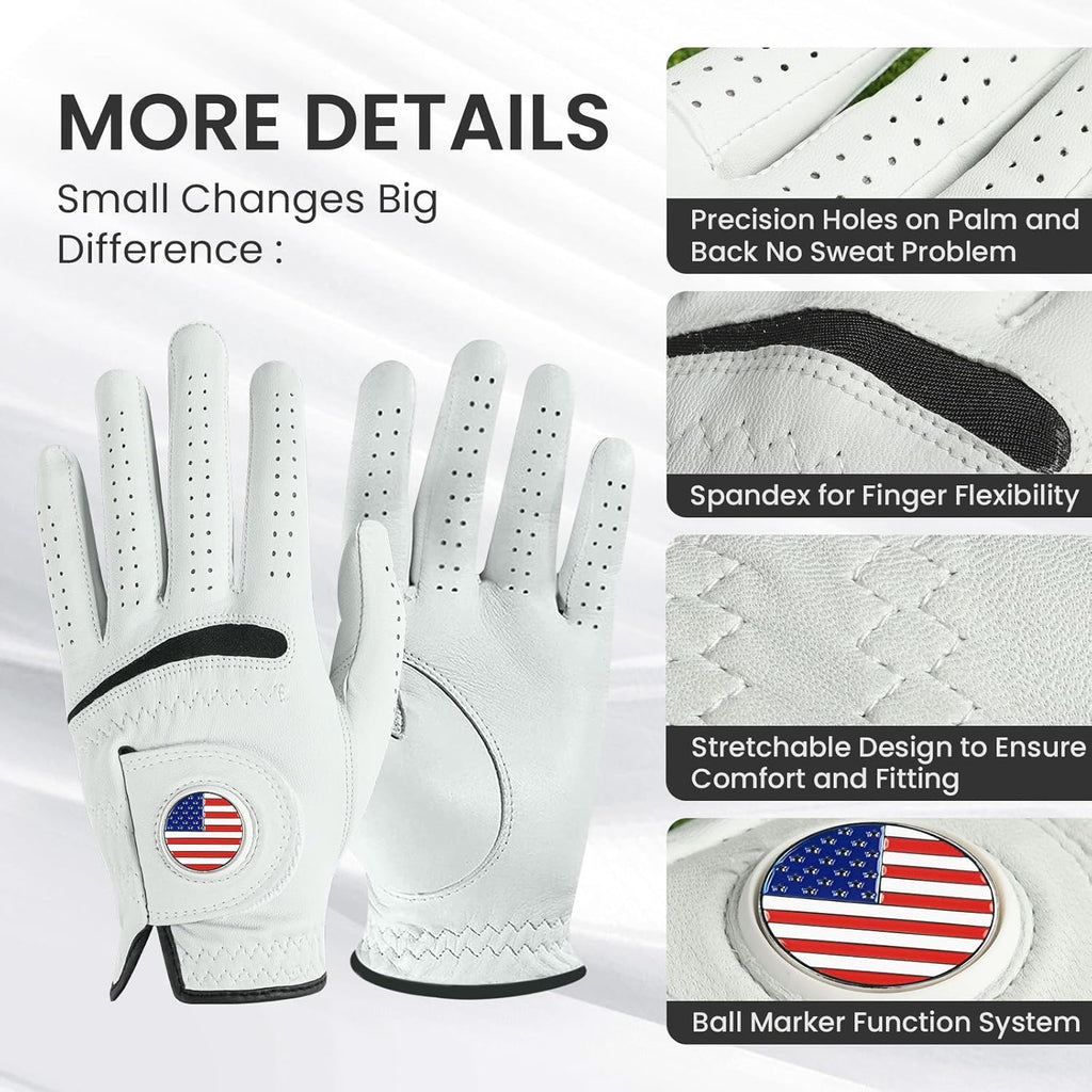 OEM cabretta sheepskin golf glove with spandex finger gussets and ball marker system