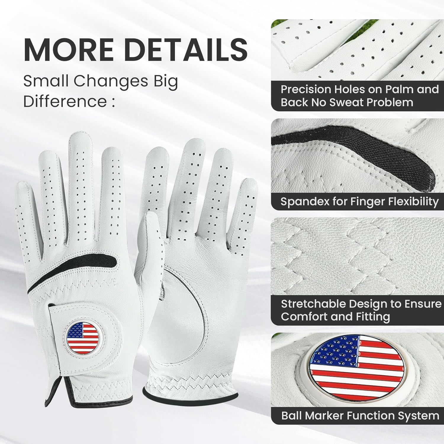 OEM cabretta sheepskin golf glove with spandex finger gussets and ball marker system