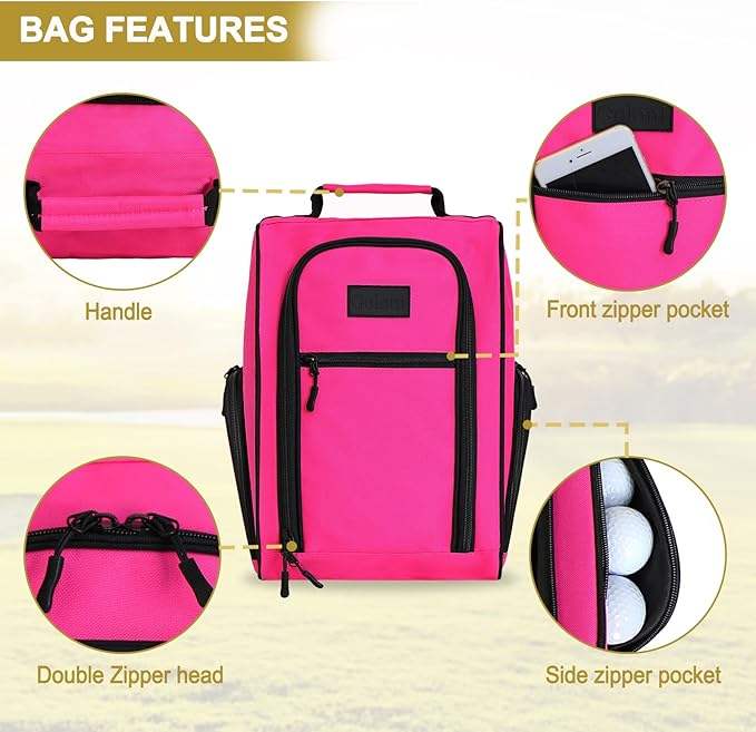 Pink golf shoe bag features handle front zipper pocket double zipper side pocket